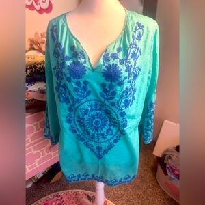 Chico's Aqua and Royal Blue Embroidered Tunic